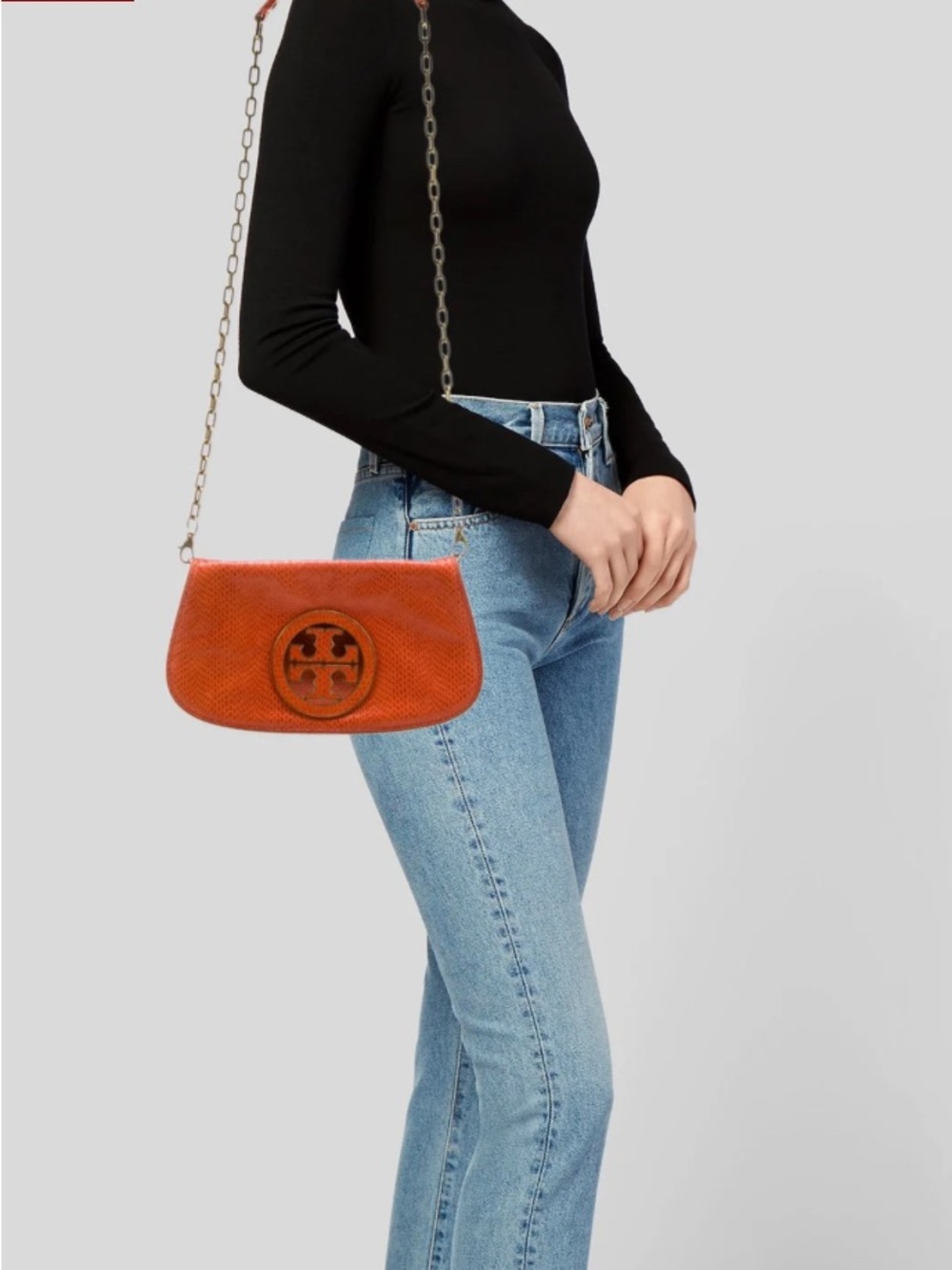 Tory Burch Orange snake skin Logo Shoulder flap Bag